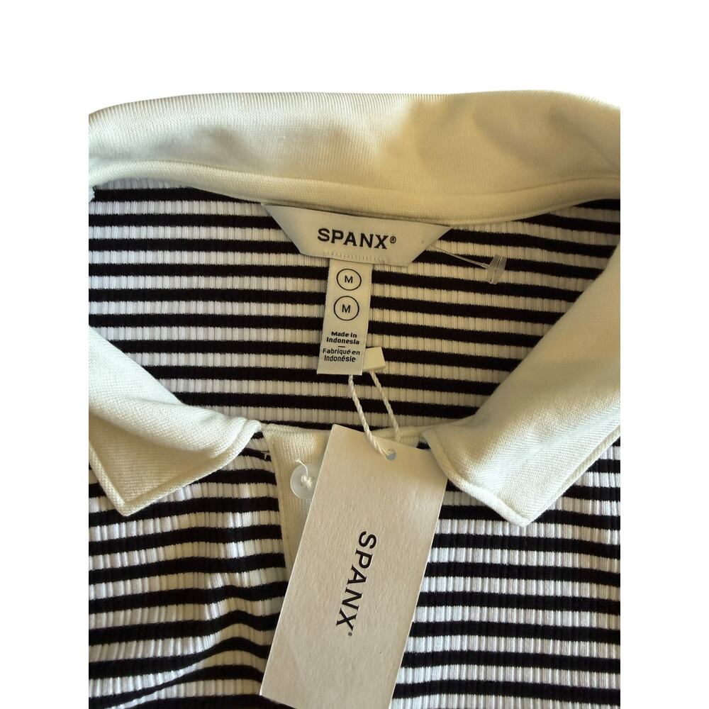 Spanx Striped Polo Top Black White Stretch Stretch Fit Short Sleeve Size M NWT - Picture 4 of 6